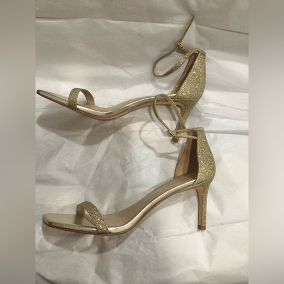 Stuart Weitzman Nudistcurve gold glitter shimmery anklestrap heels size 9.5 new - Picture 10 of 16